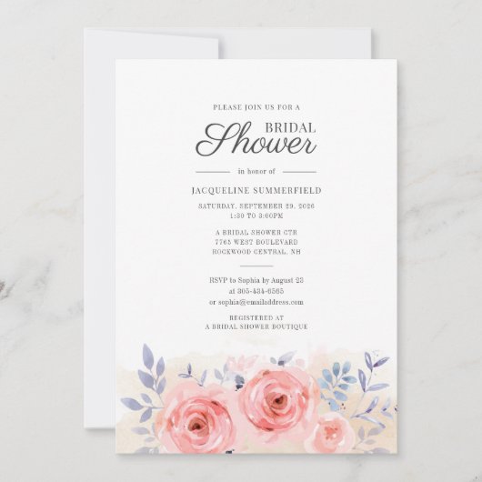 Invitation Fleurs de Script Aquarelle Roses Roses Fête de Mar (Devant)