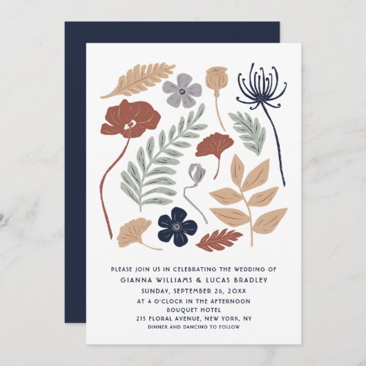 Invitation Fleurs de séquoia bleu simple Floral Mariage moder (Devant / Derrière)