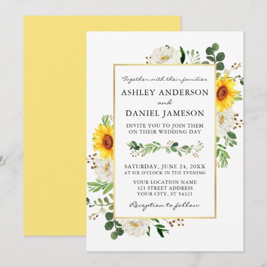 Invitation Fleurs de soleil blanc Mariage (Devant / Derrière)