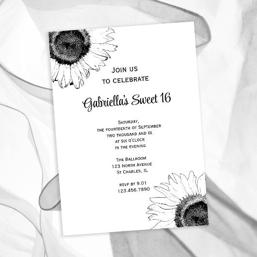 Invitation Fleurs de soleil blanches noires sucrées 16 Annive