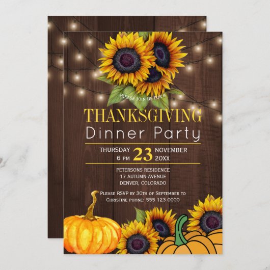 Invitation Fleurs de soleil citrouilles Grange rustique Bois (Devant / Derrière)