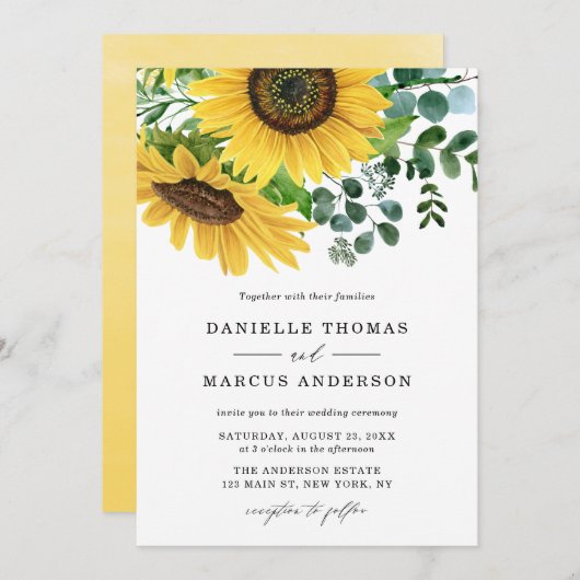 Invitation Fleurs de soleil d'aquarelle et Mariage d'eucalypt (Devant / Derrière)