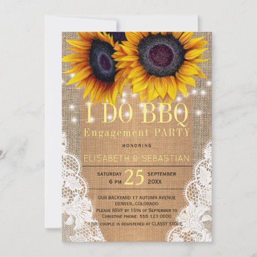 Invitation Fleurs de soleil de burlap rustiques et dentelle I (Devant)