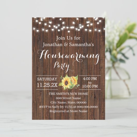 Invitation Fleurs de soleil en bois rustique (Debout devant)