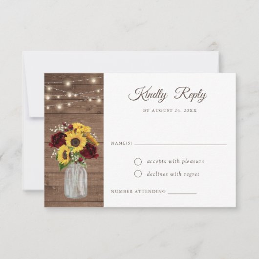 Invitation Fleurs de soleil en bois rustique Bourgogne Mason (Devant)