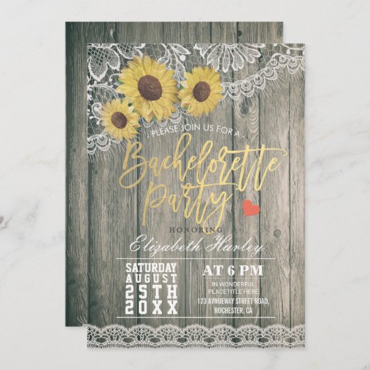 Invitation Fleurs de soleil en bois rustique Dentelle Bachelo (Devant / Derrière)