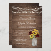 Invitation Fleurs de soleil en bois rustique Mariage de jarre (Devant / Derrière)