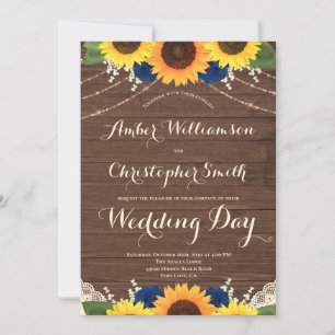 Invitation Fleurs de soleil en bois rustique Rose bleu marine