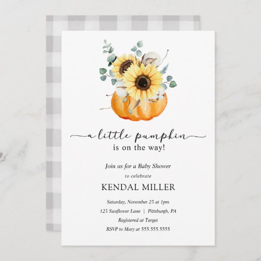 Invitation Fleurs de soleil en Citrouille Baby shower d'autom (Devant / Derrière)
