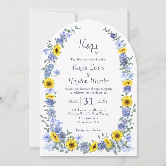 Invitation Fleurs de soleil et bleu clair Rose Jardin Arches (Devant)