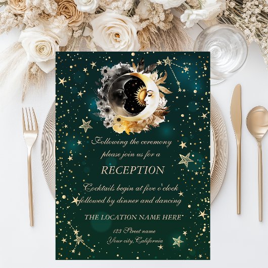 Invitation Fleurs de soleil et de lune célestes vertes