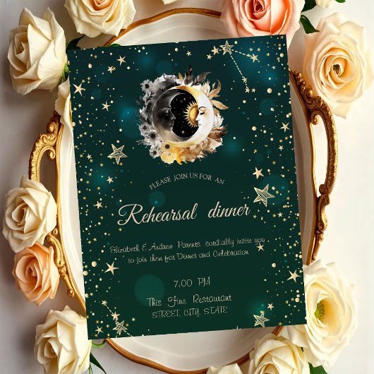 Invitation Fleurs de soleil et de lune célestes vertes