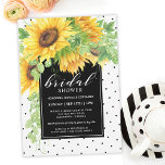 Invitation Fleurs de soleil et Fête des mariées Pois<br><div class="desc">Ce design élégant, qui s'avère être un beau choix pour les douches nuptiales d'été ou d'automne, présente des tournesols couleur jaune en cascade qui surplombent les coins supérieurs de cette vibrante invitation à la douche nuptiale. Un cadre noir contrasté entoure votre texte et un arrière - plan de petits pois...</div>