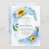 Invitation Fleurs de soleil et Hydrangée bleue Dusty Funérail (Devant / Derrière)