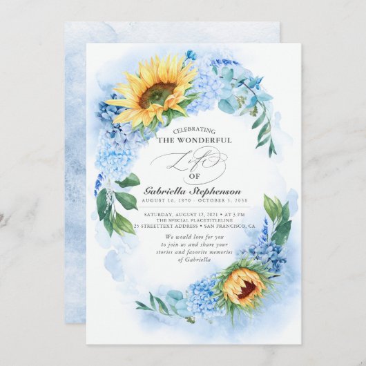 Invitation Fleurs de soleil et Hydrangée bleue Dusty Funérail (Devant / Derrière)