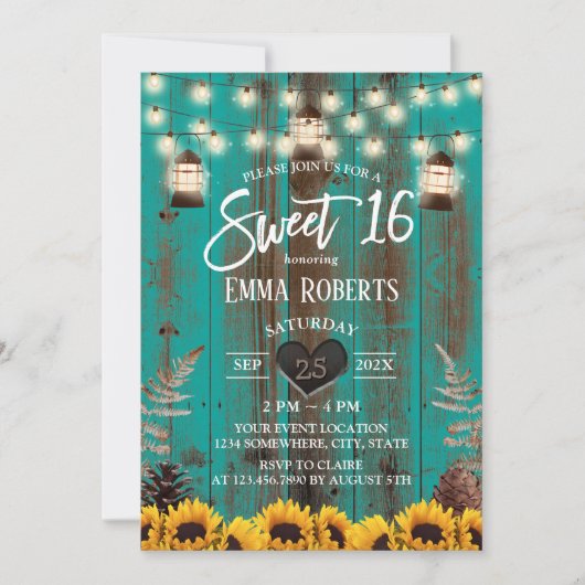 Invitation Fleurs de soleil et lanternes rustiques Turquoise  (Devant)