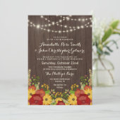 Invitation Fleurs de soleil et lumières à cordes Mariage rust (Debout devant)