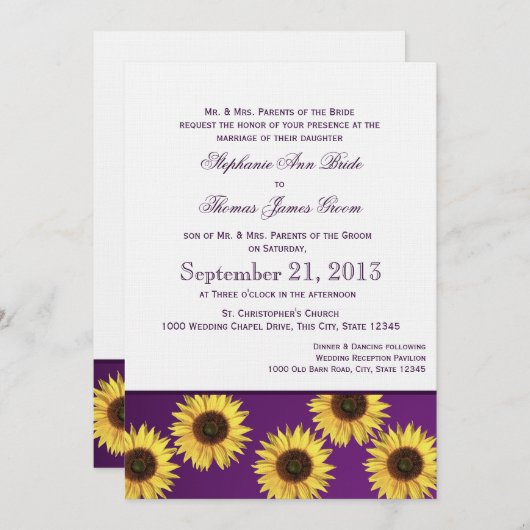 Invitation Fleurs de soleil et Mariage campagnard pourpre (Devant / Derrière)