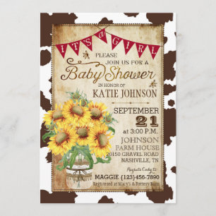 Invitation Fleurs de soleil et vaches de campagne Baby shower