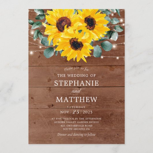 Invitation Fleurs de soleil Eucalyptus Chaîne Lumières Mariag (Devant)