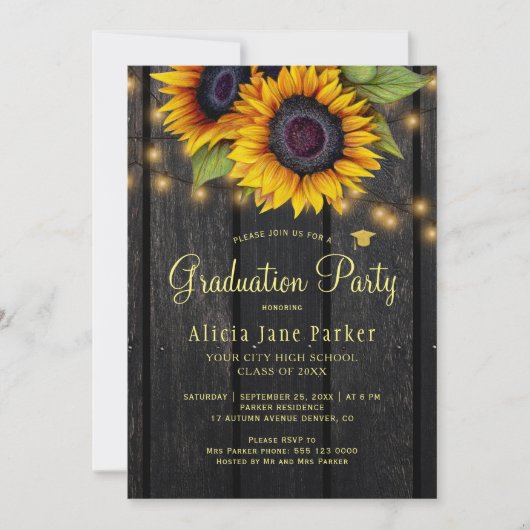 Invitation Fleurs de soleil fête de remise de diplômes rustiq (Devant)