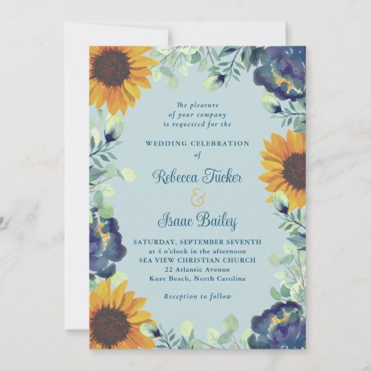 Invitation Fleurs de soleil & Fleurs bleues Verdure Mariage F (Devant)