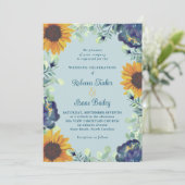 Invitation Fleurs de soleil & Fleurs bleues Verdure Mariage F (Debout devant)