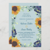 Invitation Fleurs de soleil & Fleurs bleues Verdure Mariage F (Devant / Derrière)