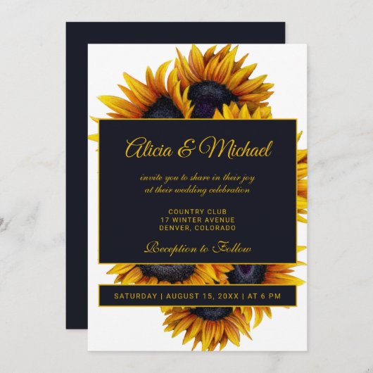 Invitation Fleurs de soleil jaune or | Mariage d'été (Devant / Derrière)