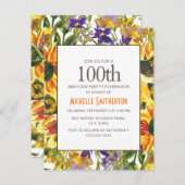 Invitation Fleurs de soleil jaunes 100e fête d'anniversaire (Devant / Derrière)