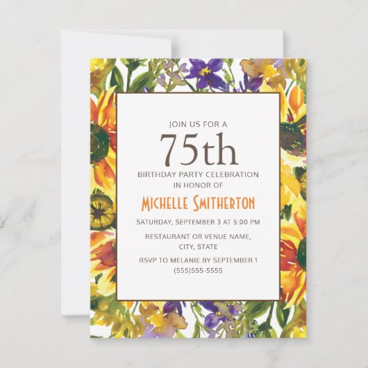 Invitation Fleurs de soleil jaunes 75e fête d'anniversaire (Devant)