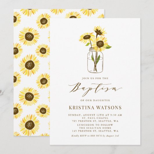 Invitation Fleurs de soleil jaunes à Mason Jar Baptême d'été (Devant / Derrière)