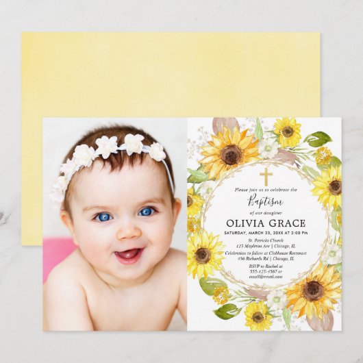 Invitation Fleurs de soleil jaunes baptême aquarelle florale  (Devant / Derrière)