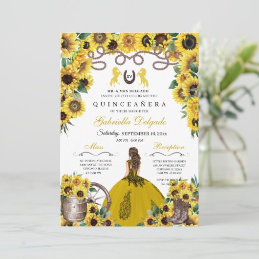 Invitation Fleurs de soleil jaunes Charro Quinceanera (Debout devant)