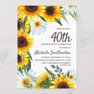 Invitation Fleurs de soleil jaunes Marguerites blanches 40e a