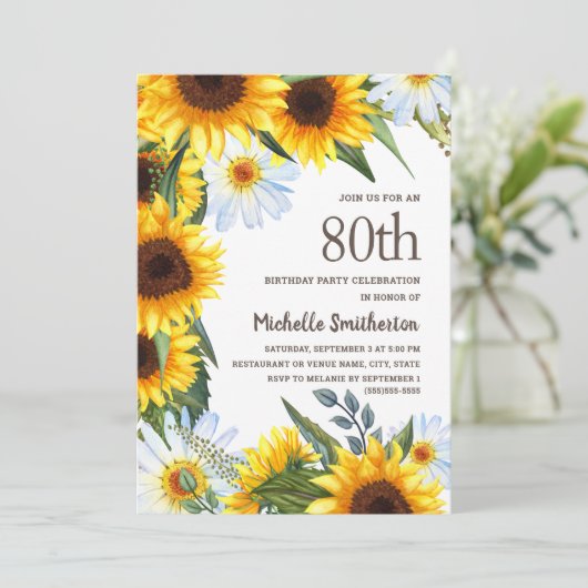 Invitation Fleurs de soleil jaunes Marguerites blanches 80e a (Debout devant)
