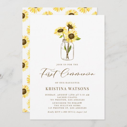 Invitation Fleurs de soleil jaunes Mason Jar Première communi (Devant / Derrière)