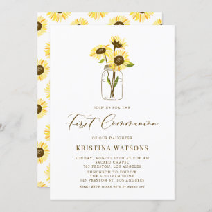 Invitation Fleurs de soleil jaunes Mason Jar Première communi