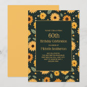Invitation Fleurs de soleil jaunes Noir 60e anniversaire (Devant / Derrière)