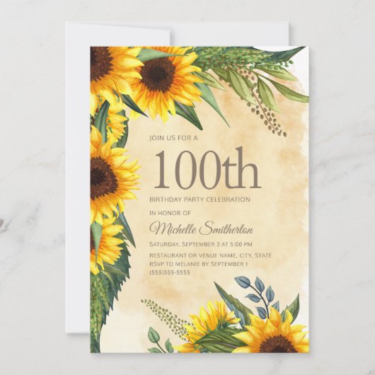 Invitation Fleurs de soleil jaunes rustiques 100e anniversair (Devant)