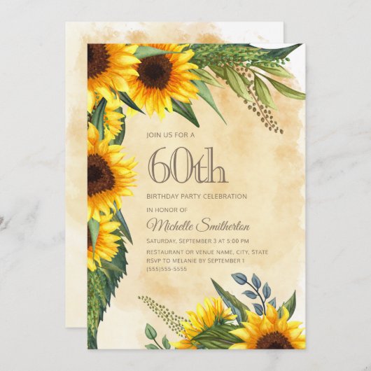 Invitation Fleurs de soleil Jaunes rustiques 60e anniversaire (Devant / Derrière)