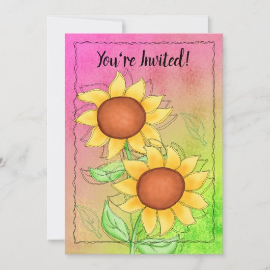 Invitation Fleurs de soleil jaunes Texturées rose vert Annive (Devant)