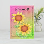 Invitation Fleurs de soleil jaunes Texturées rose vert Annive (Debout devant)