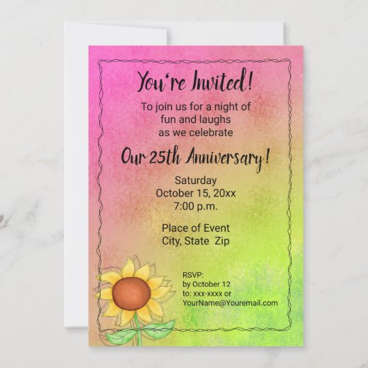 Invitation Fleurs de soleil jaunes Texturées rose vert Annive (Dos)