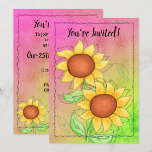Invitation Fleurs de soleil jaunes Texturées rose vert Annive