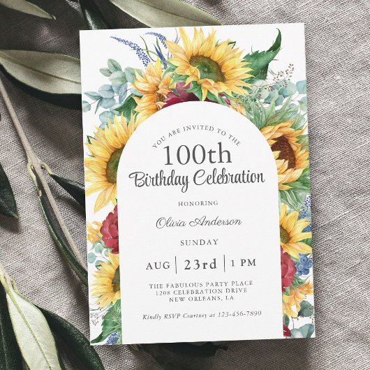 Invitation Fleurs de soleil joyeux Botanique 100e fête d'anni