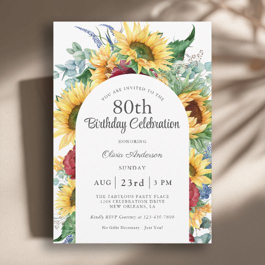Invitation Fleurs de soleil joyeux Botanique 80e fête d'anniv