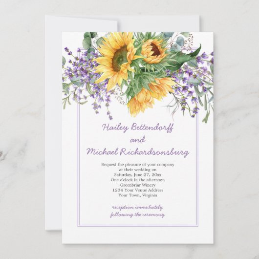 Invitation Fleurs de soleil, Lavande, Mariage Eucalyput (Devant)