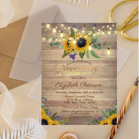 Invitation Fleurs de soleil, Lumières à cordes, Quinceañera e