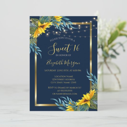 Invitation Fleurs de soleil, lumières, bois Texture douce 16 (Debout devant)